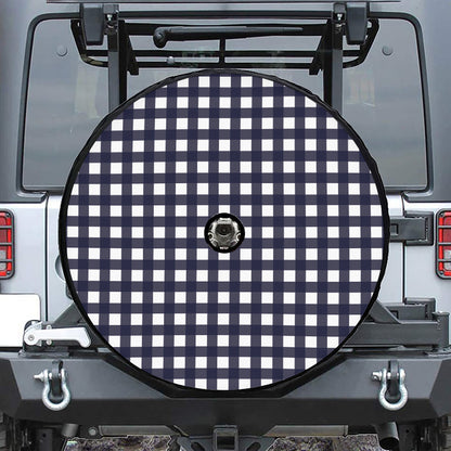 Navy And White Check Pattern Print Tire Cover With Camera Hole