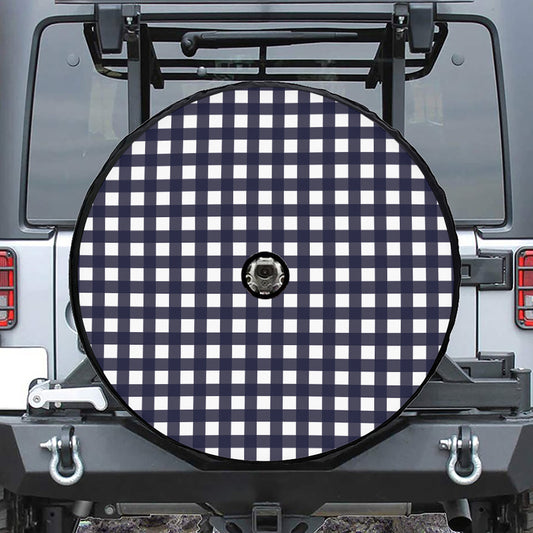 Navy And White Check Pattern Print Tire Cover With Camera Hole