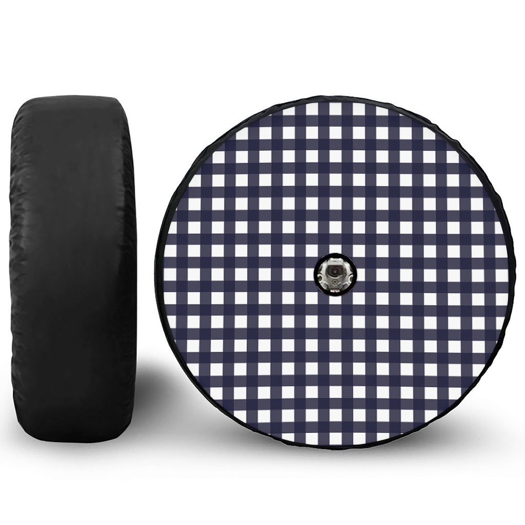 Navy And White Check Pattern Print Tire Cover With Camera Hole
