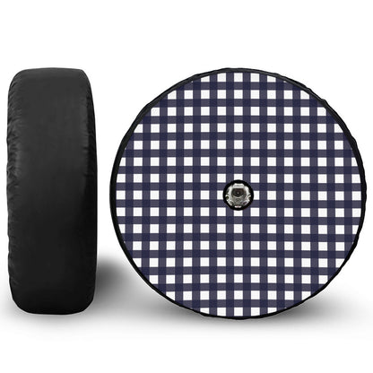 Navy And White Check Pattern Print Tire Cover With Camera Hole