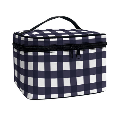 Navy And White Check Pattern Print Travel Makeup Bag