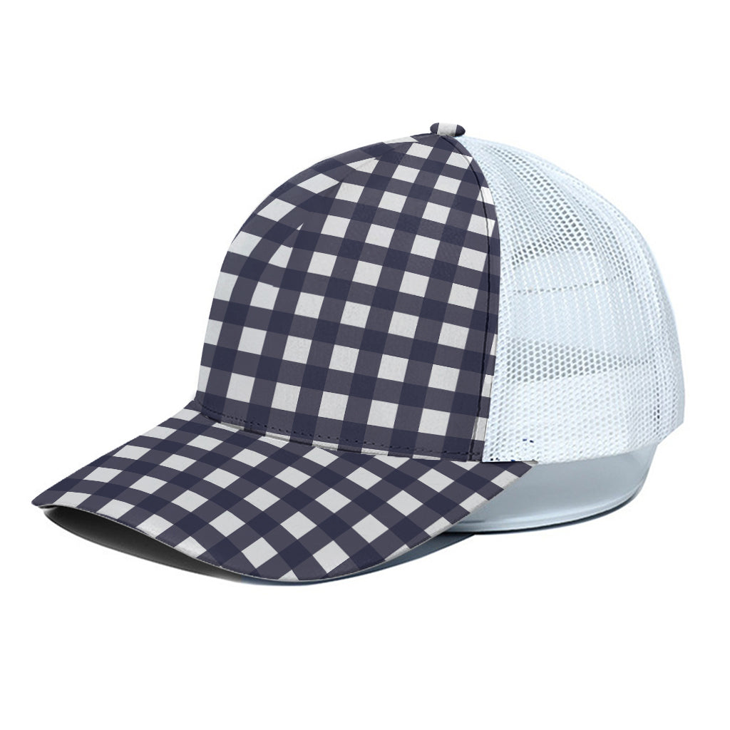 Navy And White Check Pattern Print White Mesh Trucker Cap