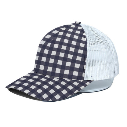 Navy And White Check Pattern Print White Mesh Trucker Cap