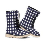 Navy And White Check Pattern Print Winter Boots