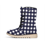 Navy And White Check Pattern Print Winter Boots