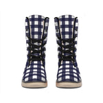 Navy And White Check Pattern Print Winter Boots