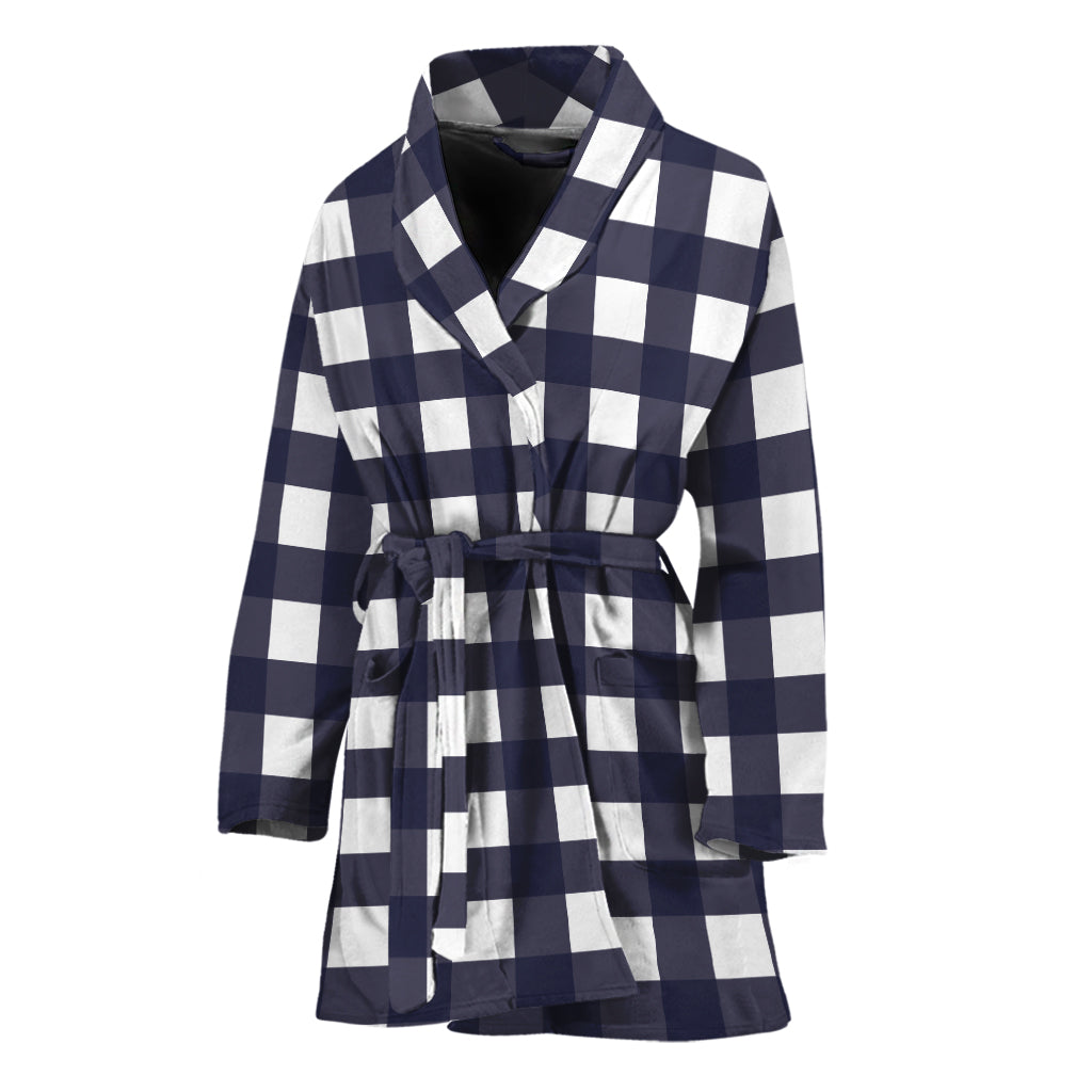 Navy And White Check Pattern Print Women's Bathrobe