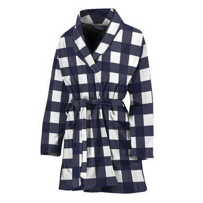 Navy And White Check Pattern Print Women's Bathrobe