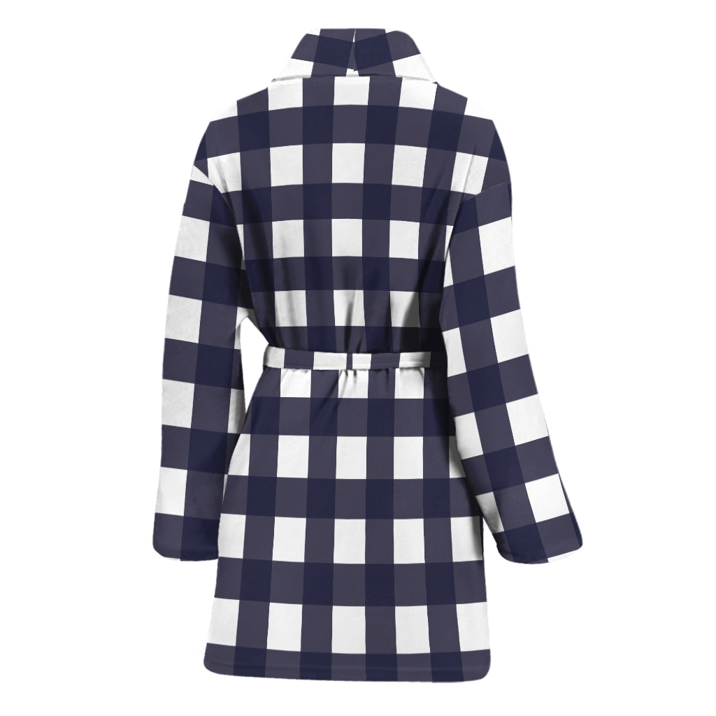 Navy And White Check Pattern Print Women's Bathrobe