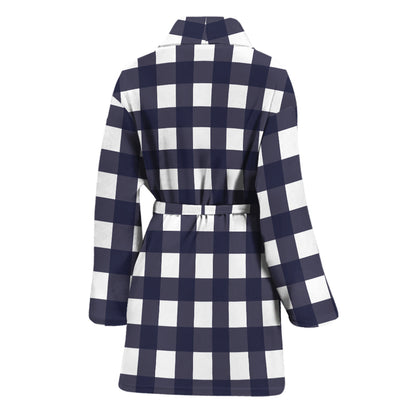 Navy And White Check Pattern Print Women's Bathrobe