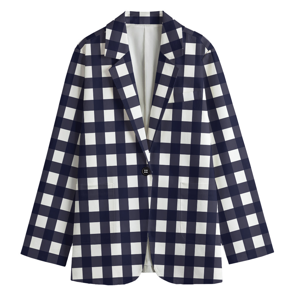 Navy And White Check Pattern Print Women's Blazer