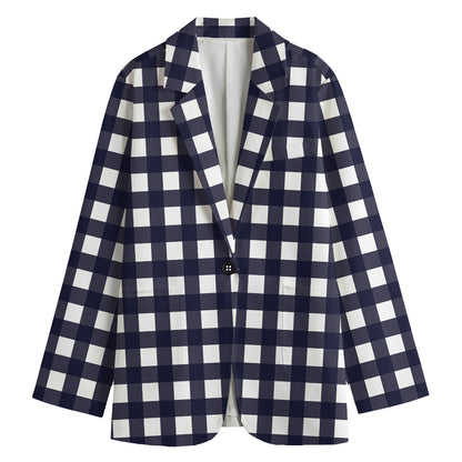 Navy And White Check Pattern Print Women's Blazer