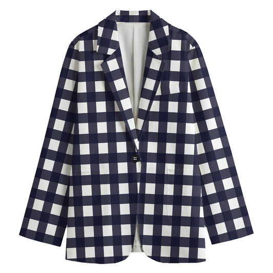 Navy And White Check Pattern Print Women's Blazer