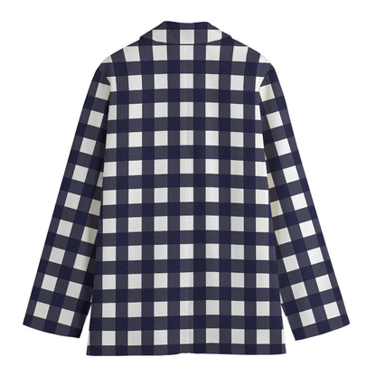 Navy And White Check Pattern Print Women's Blazer