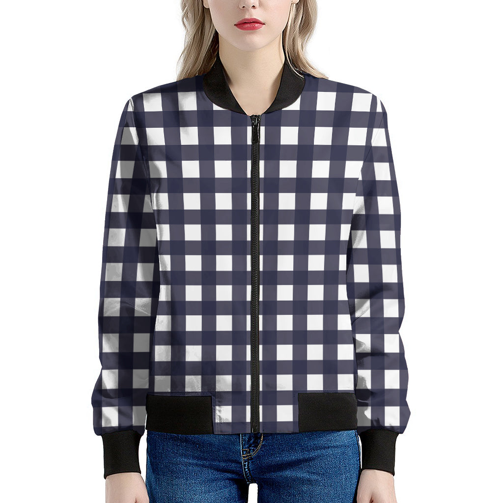 Navy And White Check Pattern Print Women's Bomber Jacket