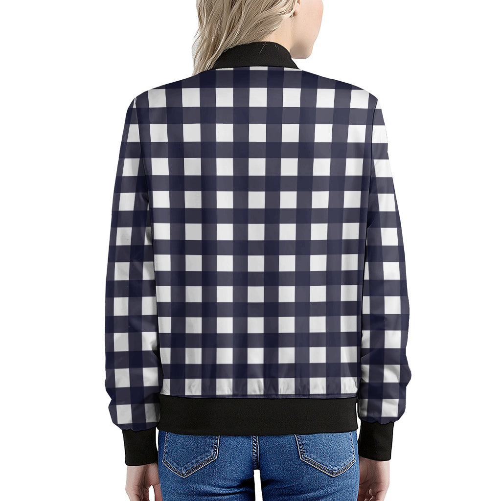 Navy And White Check Pattern Print Women's Bomber Jacket
