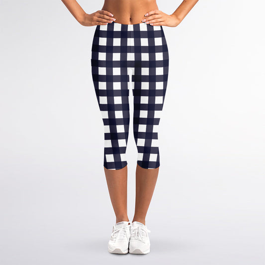 Navy And White Check Pattern Print Women's Capri Leggings
