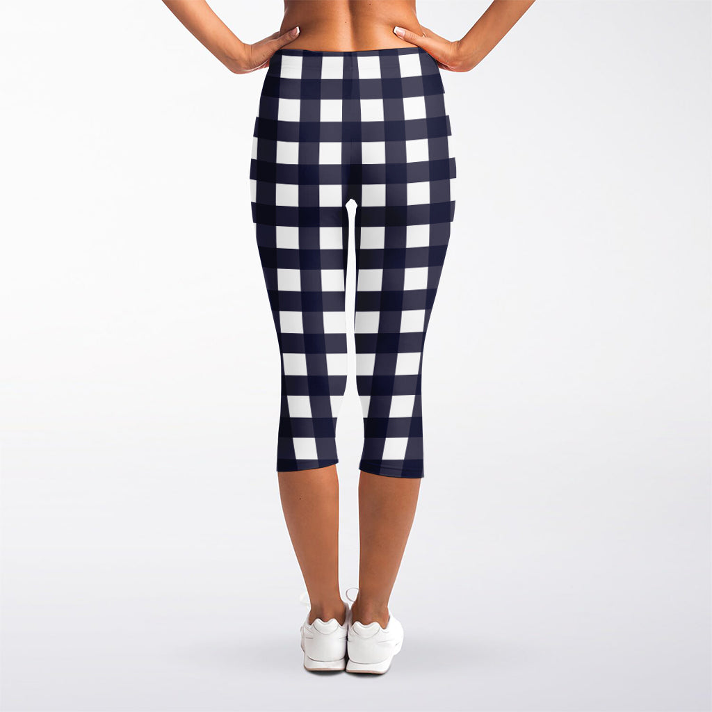 Navy And White Check Pattern Print Women's Capri Leggings