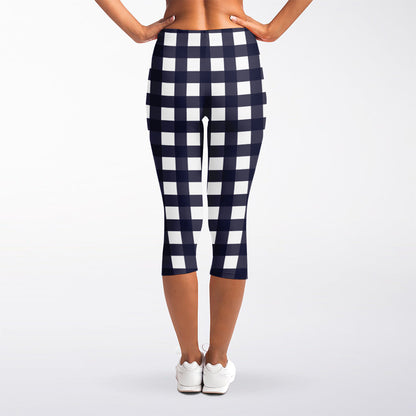 Navy And White Check Pattern Print Women's Capri Leggings