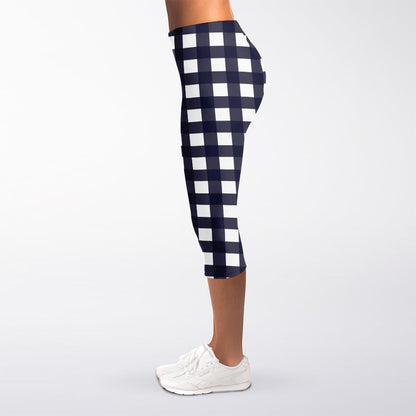 Navy And White Check Pattern Print Women's Capri Leggings