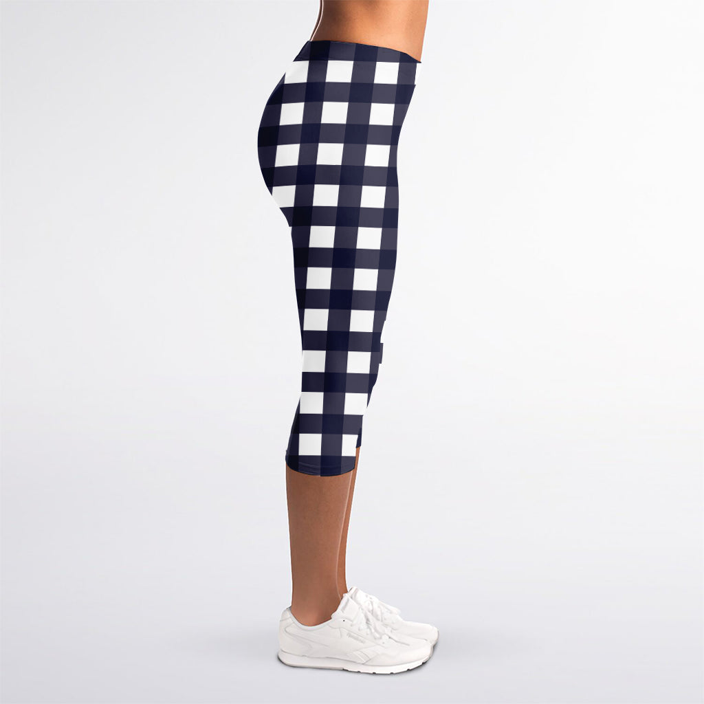 Navy And White Check Pattern Print Women's Capri Leggings