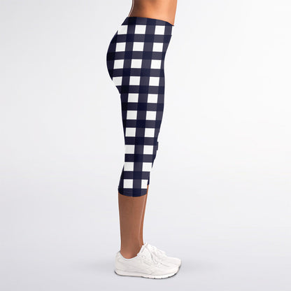 Navy And White Check Pattern Print Women's Capri Leggings
