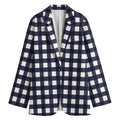 Navy And White Check Pattern Print Women's Cotton Blazer