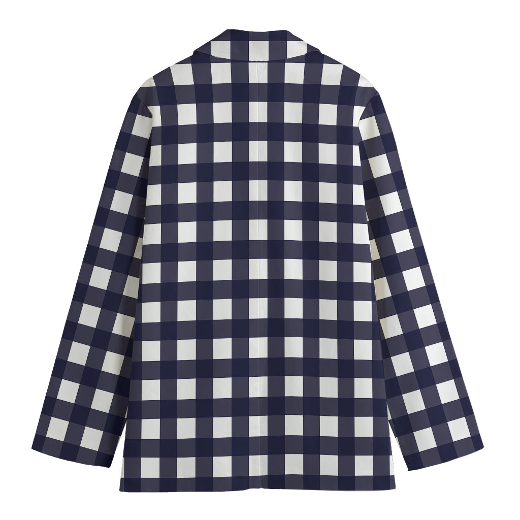 Navy And White Check Pattern Print Women's Cotton Blazer