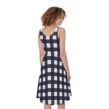 Navy And White Check Pattern Print Women's Sleeveless Dress