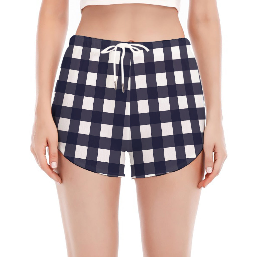 Navy And White Check Pattern Print Women's Split Running Shorts