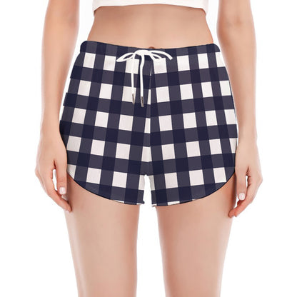 Navy And White Check Pattern Print Women's Split Running Shorts