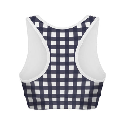 Navy And White Check Pattern Print Women's Sports Bra