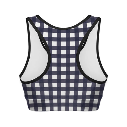 Navy And White Check Pattern Print Women's Sports Bra