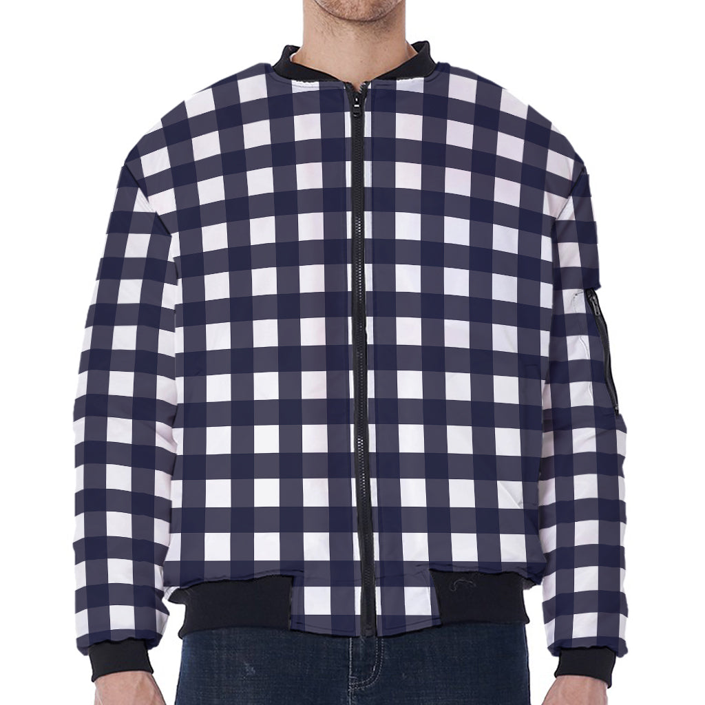 Navy And White Check Pattern Print Zip Sleeve Bomber Jacket