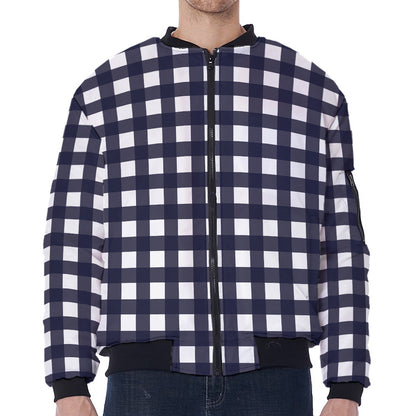 Navy And White Check Pattern Print Zip Sleeve Bomber Jacket