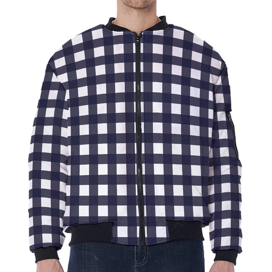 Navy And White Check Pattern Print Zip Sleeve Bomber Jacket