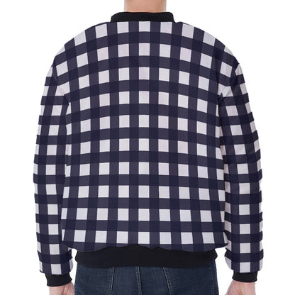 Navy And White Check Pattern Print Zip Sleeve Bomber Jacket