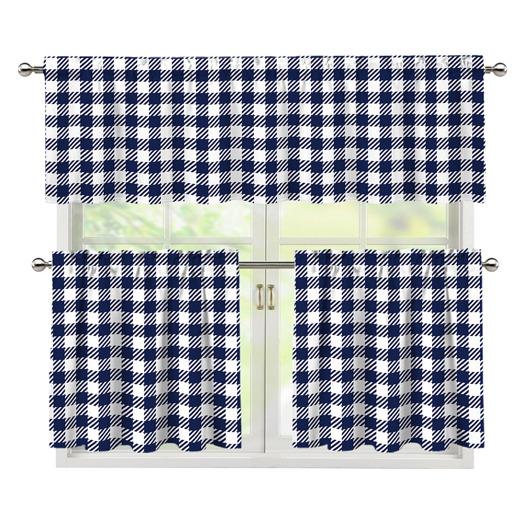 Navy And White Gingham Pattern Print 3 Piece Kitchen Curtains