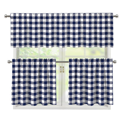 Navy And White Gingham Pattern Print 3 Piece Kitchen Curtains