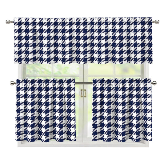 Navy And White Gingham Pattern Print 3 Piece Kitchen Curtains
