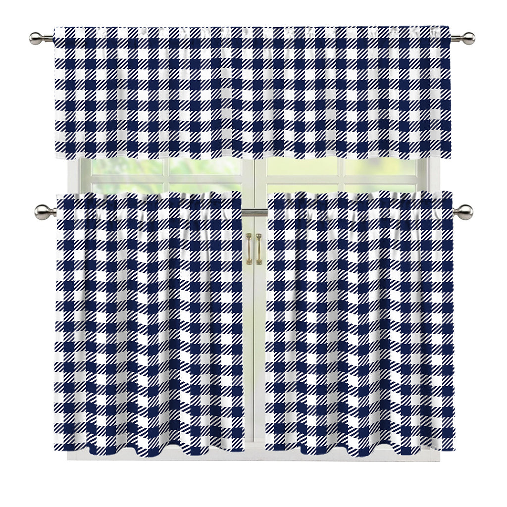 Navy And White Gingham Pattern Print 3 Piece Kitchen Curtains
