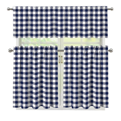 Navy And White Gingham Pattern Print 3 Piece Kitchen Curtains