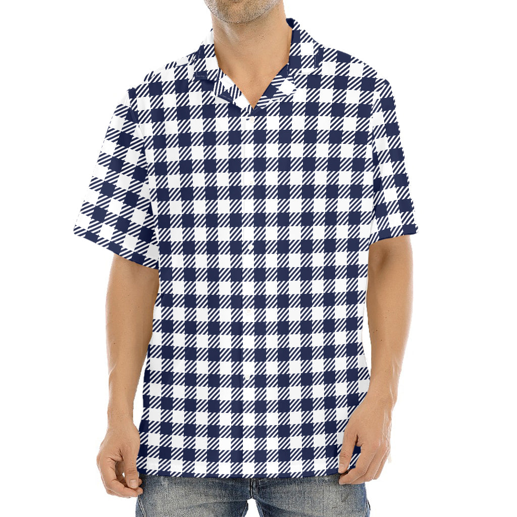 Navy And White Gingham Pattern Print Aloha Shirt