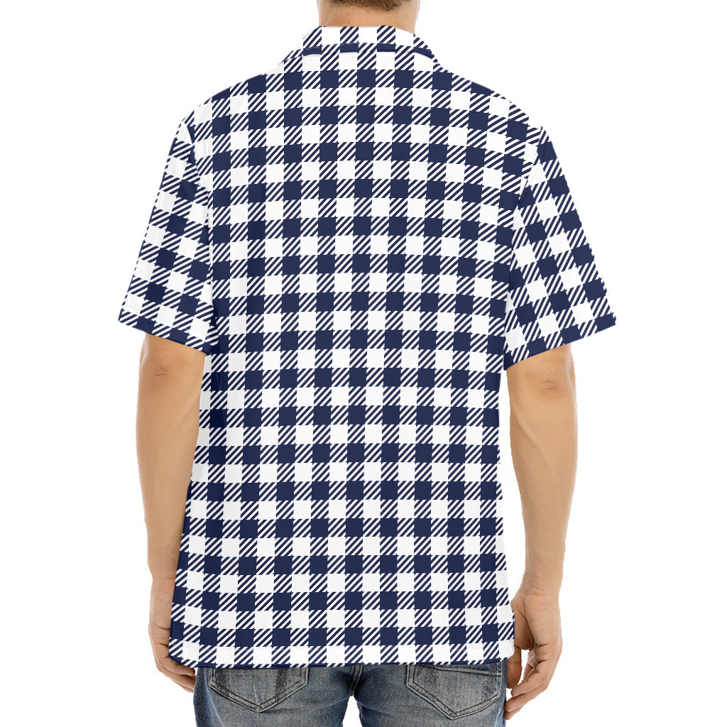 Navy And White Gingham Pattern Print Aloha Shirt