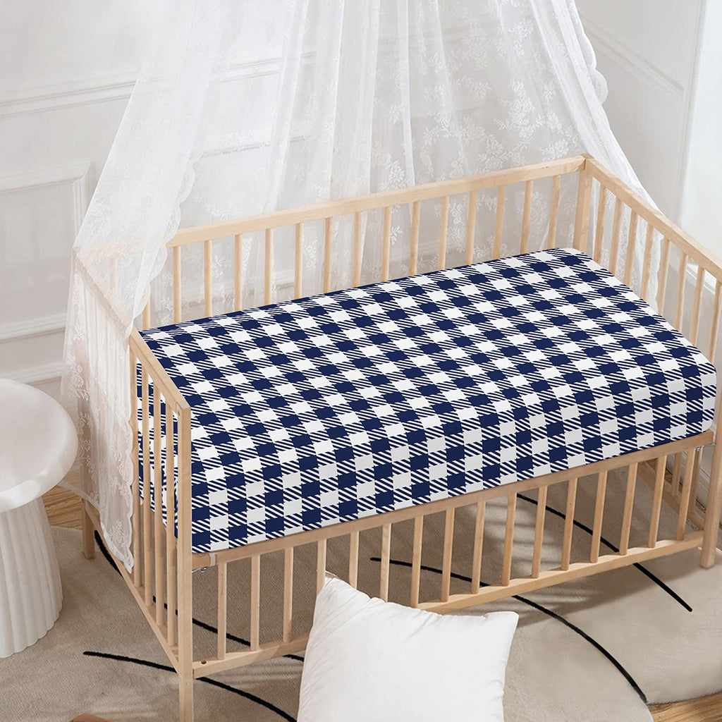 Navy And White Gingham Pattern Print Baby Crib Sheet