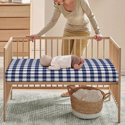 Navy And White Gingham Pattern Print Baby Crib Sheet