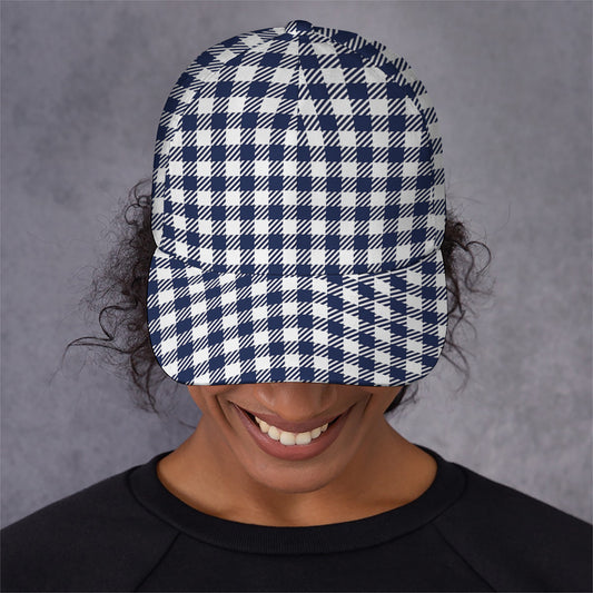 Navy And White Gingham Pattern Print Baseball Cap