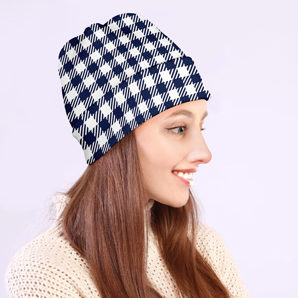 Navy And White Gingham Pattern Print Beanie