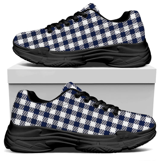 Navy And White Gingham Pattern Print Black Chunky Shoes
