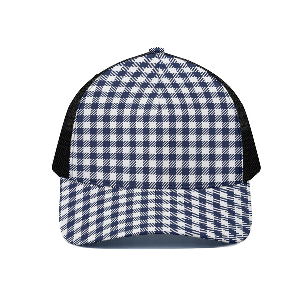 Navy And White Gingham Pattern Print Black Mesh Trucker Cap